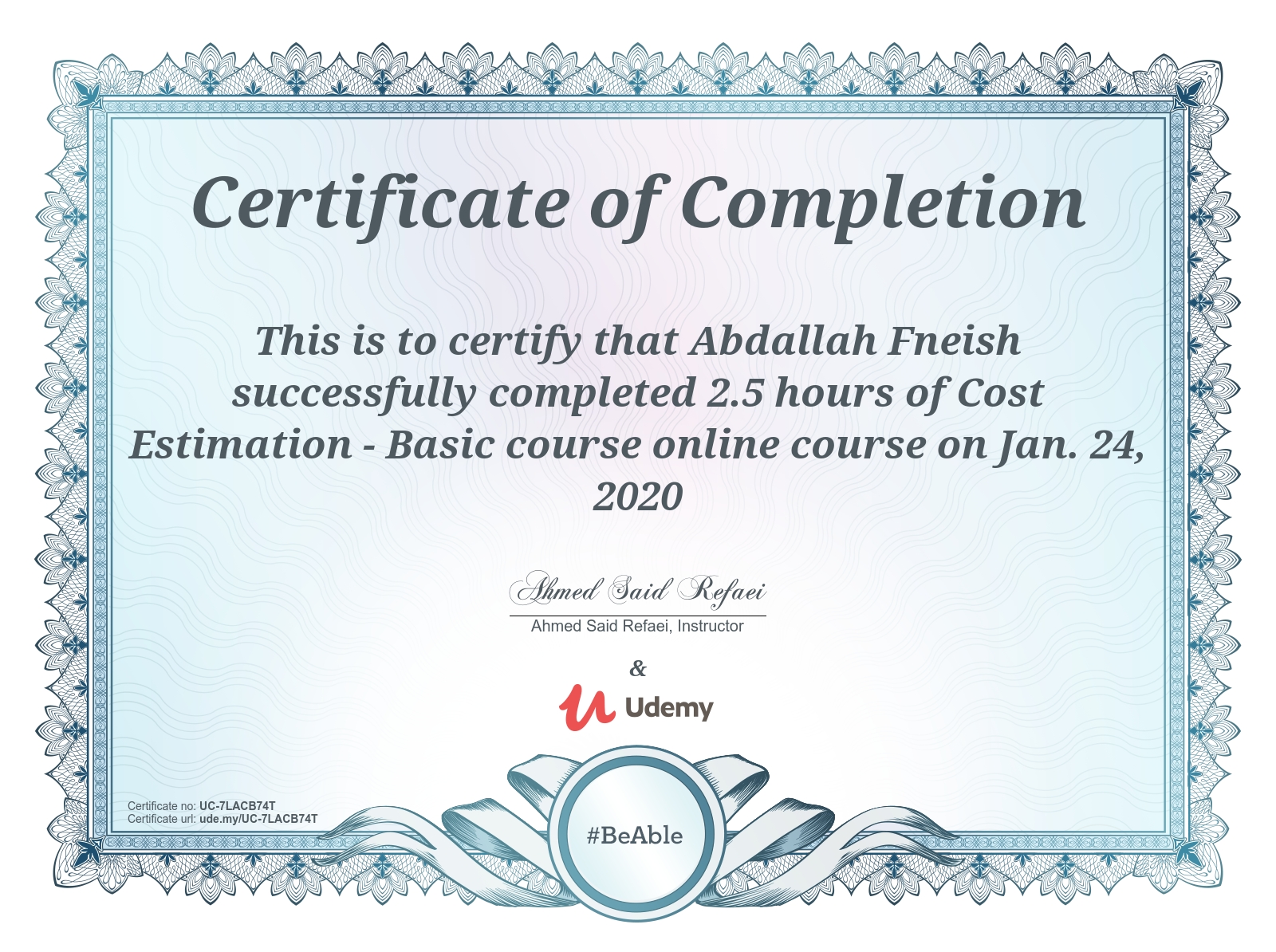 Cost Estimation Basic Course Certificate